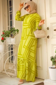 Desenli Yağ Yeşili Tesettür Elbise 15720YY - Thumbnail