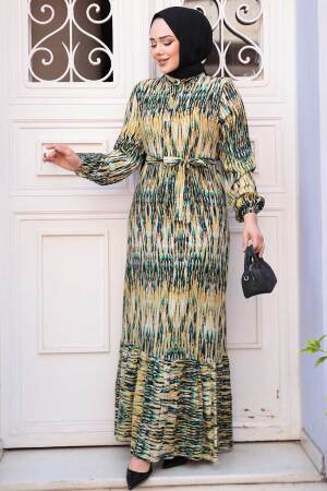 Desenli Yağ Yeşili Tesettür Elbise 52721YY - 3