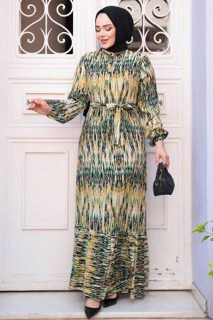 Desenli Yağ Yeşili Tesettür Elbise 52721YY - 1