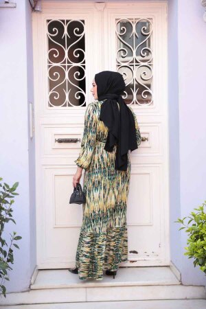 Desenli Yağ Yeşili Tesettür Elbise 52721YY - 4