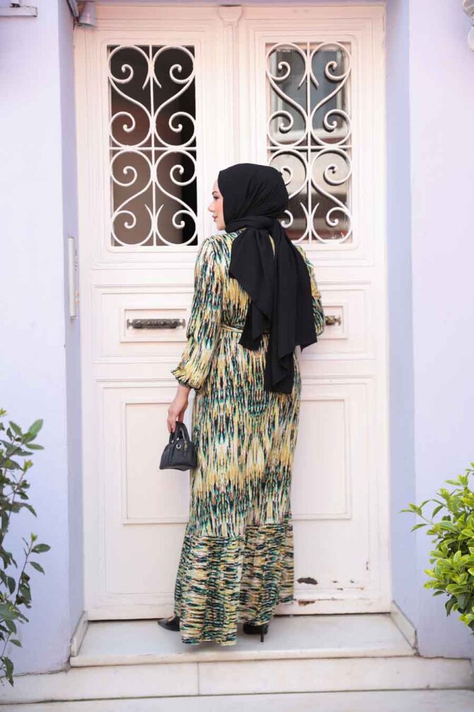 Desenli Yağ Yeşili Tesettür Elbise 52721YY - 4