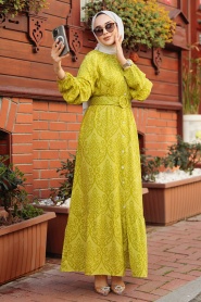 Desenli Yağ Yeşili Tesettür Elbise 61014YY - Thumbnail