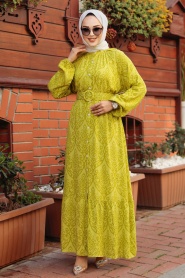 Desenli Yağ Yeşili Tesettür Elbise 61014YY - Thumbnail
