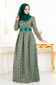 Desenli Yeşil Tesettür Abiye Elbise 82451Y - Thumbnail