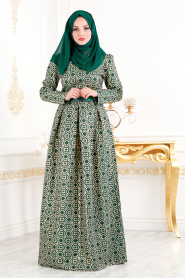 Desenli Yeşil Tesettür Abiye Elbise 82451Y - Thumbnail
