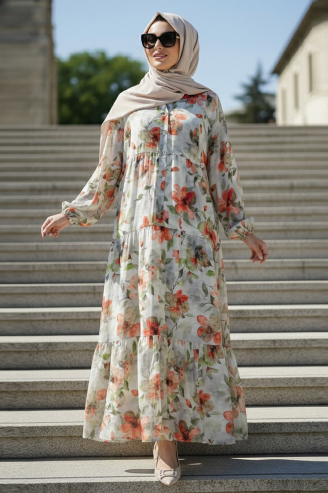 Desenli Yeşil Tesettür Elbise 20622Y - N.S NEVA STYLE