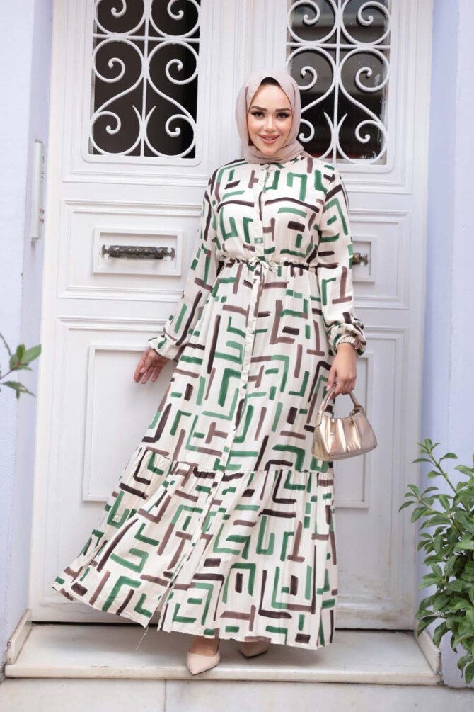 Desenli Yeşil Tesettür Elbise 50253Y - N.S NEVA STYLE