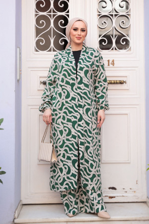 Desenli Yeşil Tesettür İkili Kimono Takım 12881Y - 1