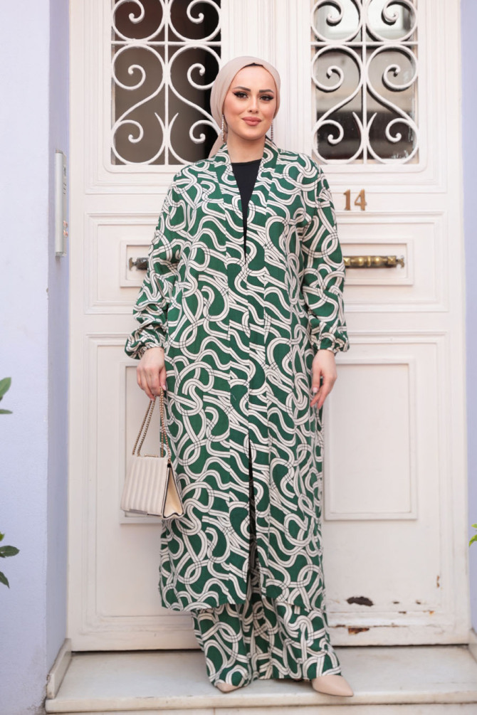 Desenli Yeşil Tesettür İkili Kimono Takım 12881Y - 1