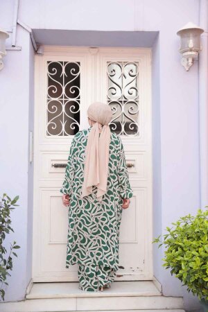 Desenli Yeşil Tesettür İkili Kimono Takım 12881Y - 4