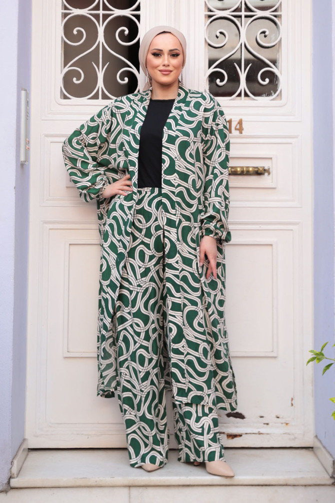 Desenli Yeşil Tesettür İkili Kimono Takım 12881Y - 3