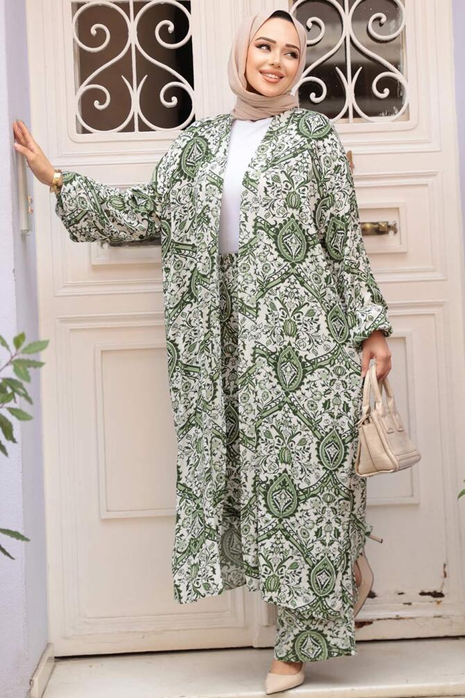 Desenli Yeşil Tesettür İkili Kimono Takım 12884Y - 1