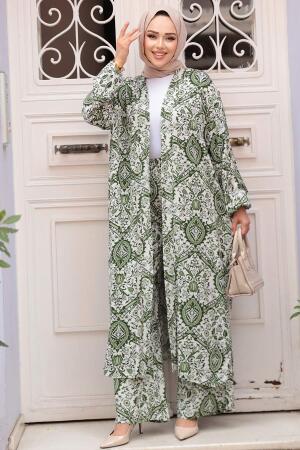 Desenli Yeşil Tesettür İkili Kimono Takım 12884Y - 2