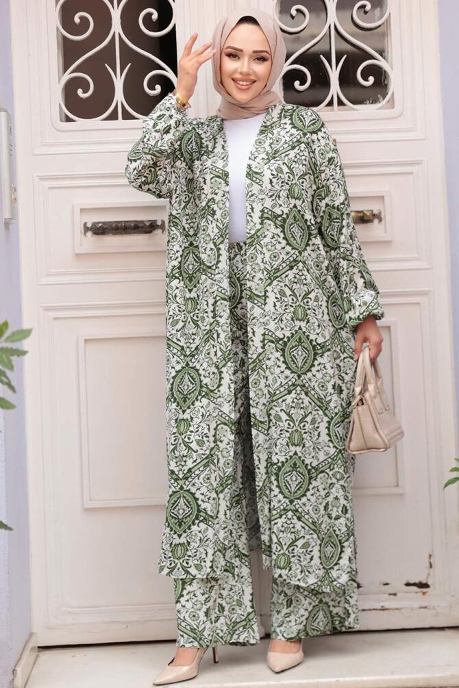 Desenli Yeşil Tesettür İkili Kimono Takım 12884Y - 2