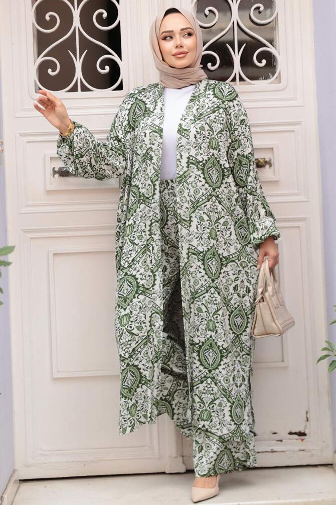 Desenli Yeşil Tesettür İkili Kimono Takım 12884Y - 3