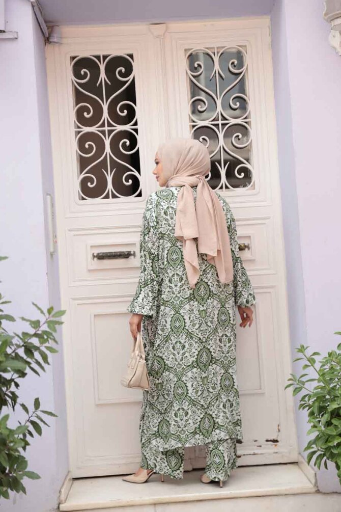Desenli Yeşil Tesettür İkili Kimono Takım 12884Y - 4
