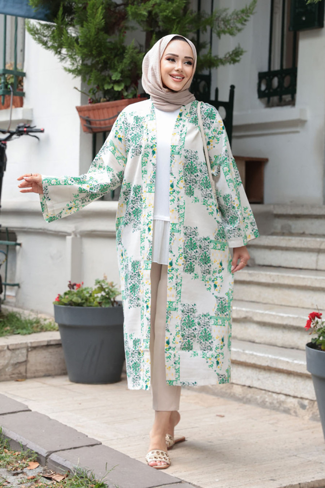 Desenli Yeşil Tesettür Kimono 32121Y - 2