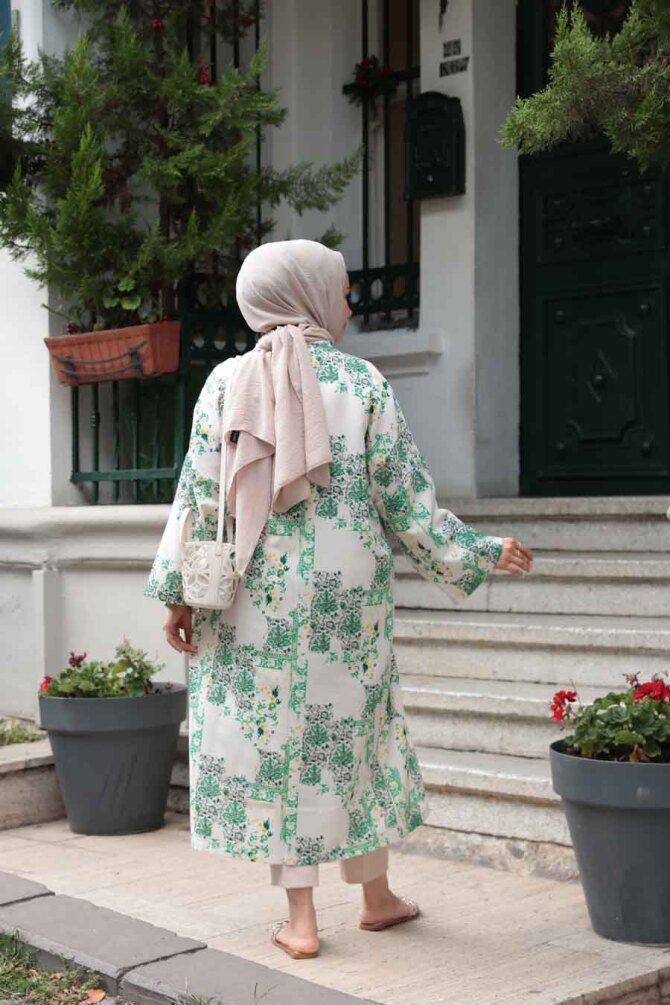 Desenli Yeşil Tesettür Kimono 32121Y - 3