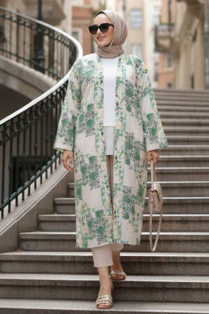 Desenli Yeşil Tesettür Kimono 32121Y - N.S NEVA STYLE
