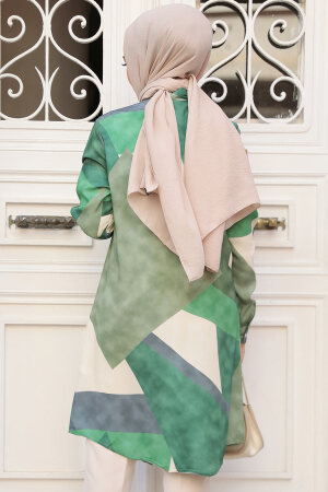 Desenli Yeşil Tesettür Viskon Tunik 11710Y - 3
