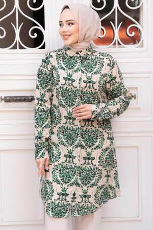 Desenli Yeşil Tesettür Viskon Tunik 11737Y - 1
