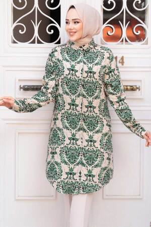 Desenli Yeşil Tesettür Viskon Tunik 11737Y - 2