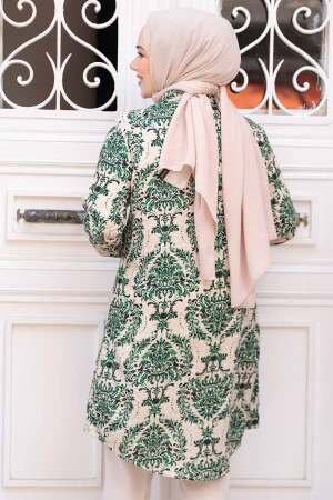 Desenli Yeşil Tesettür Viskon Tunik 11737Y - 3