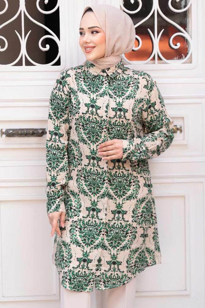 Desenli Yeşil Tesettür Viskon Tunik 11737Y - NEVA STYLE