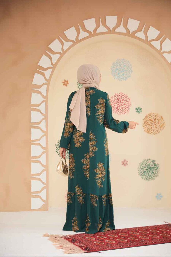 Desenli Zümrüt Yeşili Tesettür Elbise 15731ZY - 3