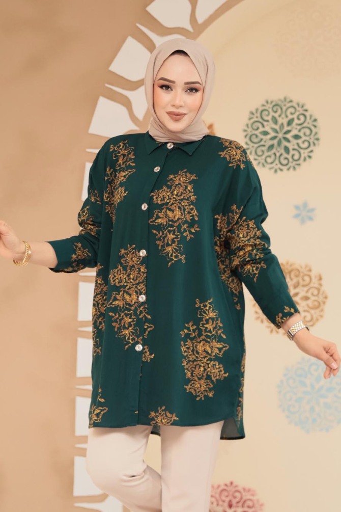 Desenli Zümrüt Yeşili Tesettür Tunik 20413ZY - NEVA STYLE