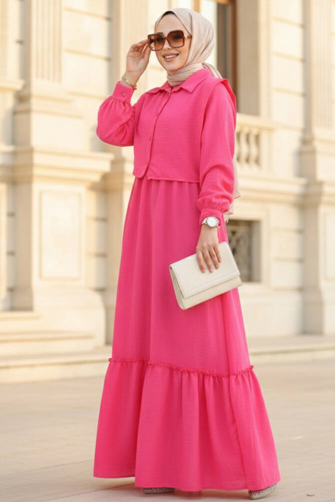 Detaylı Fuşya Tesettür Elbise 30023F - 1