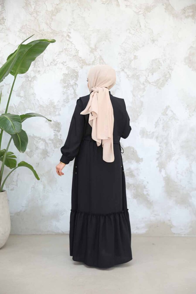 Detaylı Siyah Tesettür Elbise 30023S - 4