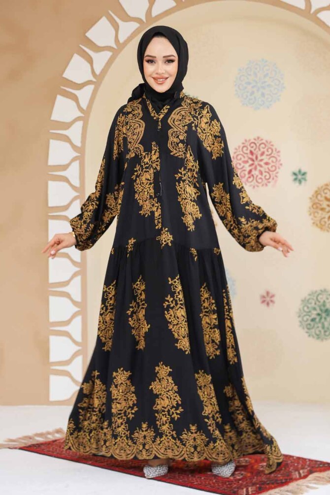 Çiçek Desenli Siyah Tesettür Elbise 18241S - 1