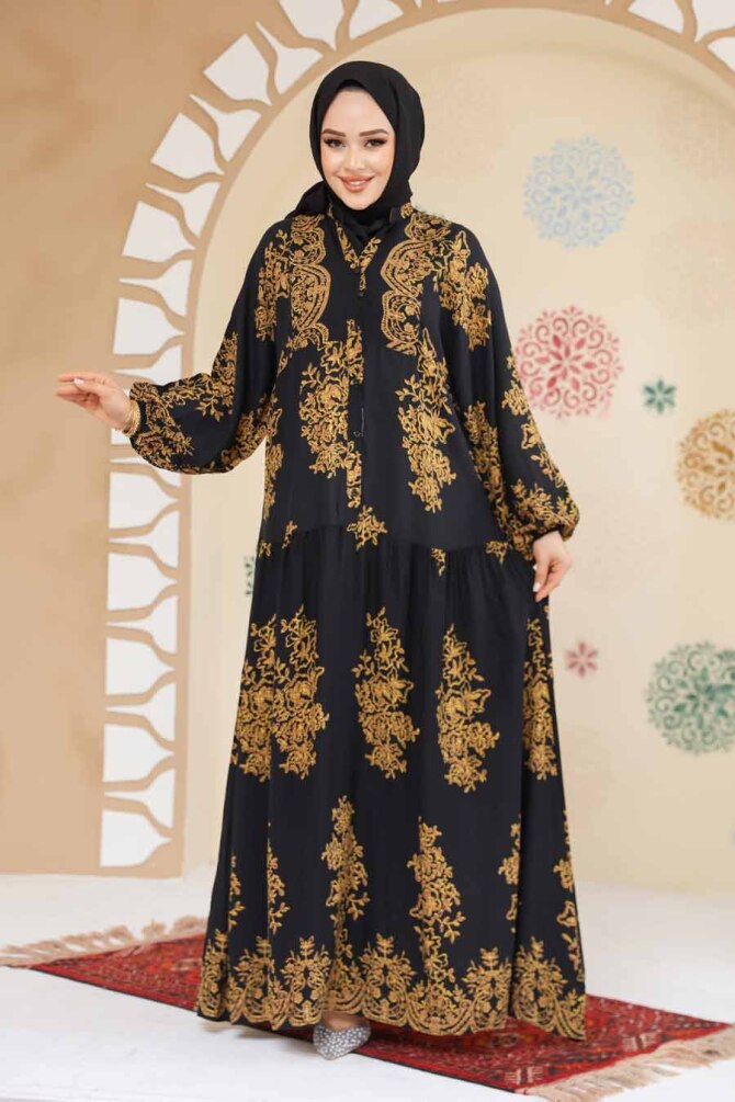 Çiçek Desenli Siyah Tesettür Elbise 18241S - 2