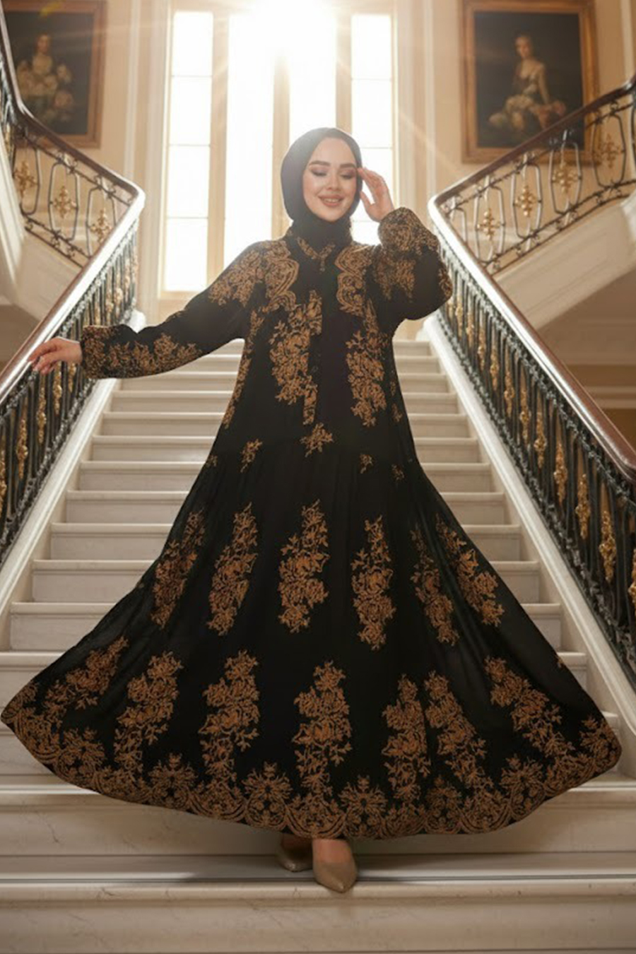 Çiçek Desenli Siyah Tesettür Elbise 18241S