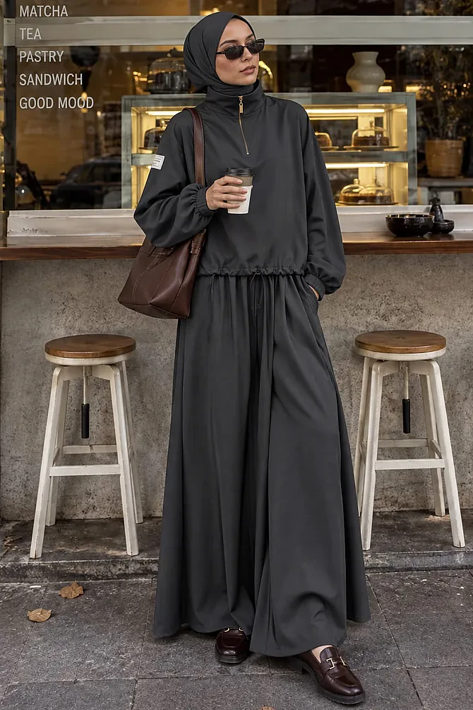 Stand Collar Half-Zip Oysho Anthracite Modest Trouser Set 14182ANT - 1