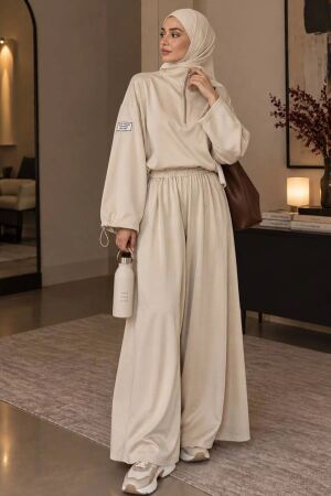Stand Collar Half-Zip Oysho Beige Modest Trouser Set 14182BEJ 