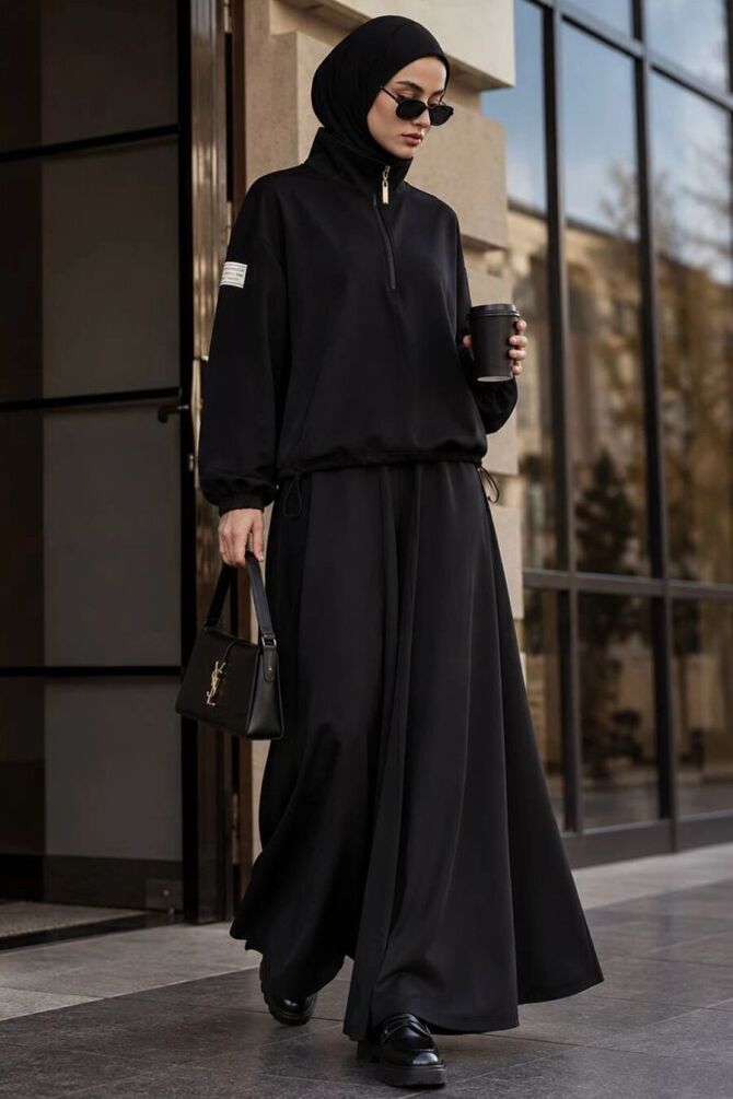 Stand Collar Half-Zip Oysho Black Modest Trouser Set 14182S - 1