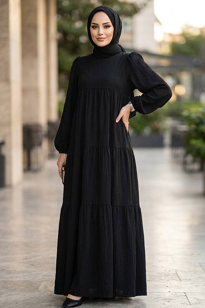 Dökümlü Uzun Kollu Zara Keten Siyah Tesettür Elbise 15702S - N.S NEVA STYLE