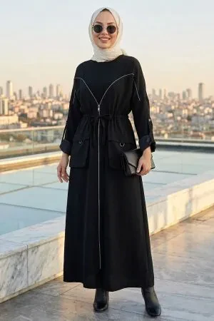 Double Fermuar Detailed Cepli Black Modest Dress 50184S - 1