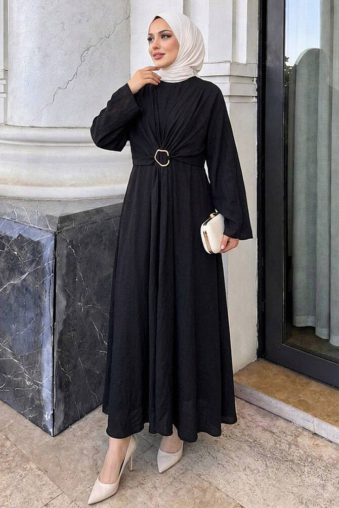 Drape Buckle Black Modest Dress 26168S - 1