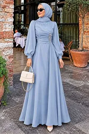 Drape-Detail Baby Blue Modest Satin Evening Dress 6261BBM 