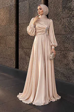 Drape-Detail Beige Modest Satin Evening Dress 6261BEJ 