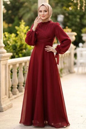 Drape-Detail Burgundy Modest Evening Dress 62201BR 
