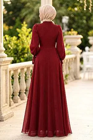 Drape-Detail Burgundy Modest Evening Dress 62201BR - 2
