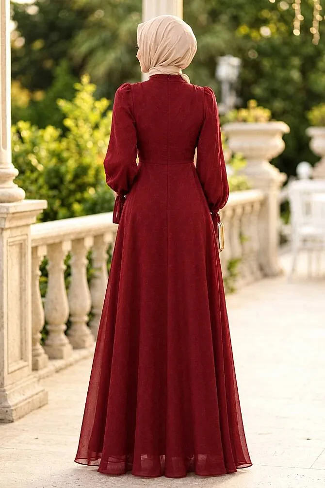 Drape-Detail Burgundy Modest Evening Dress 62201BR - 2