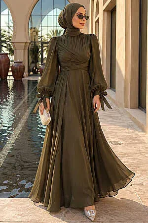 Drape-Detail Khaki Modest Evening Dress 62201HK 