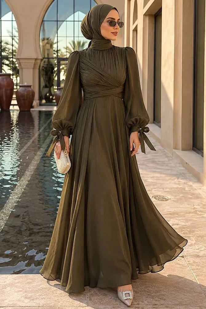 Drape-Detail Khaki Modest Evening Dress 62201HK - 1