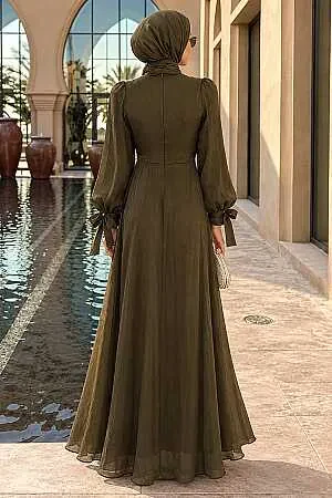 Drape-Detail Khaki Modest Evening Dress 62201HK - 2