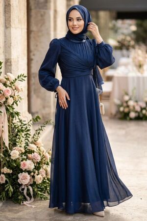 Drape-Detail Navy Blue Modest Evening Dress 62201L 